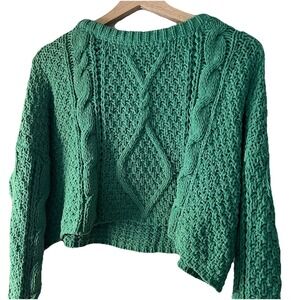 Böhme Cable Knit Cropped Kelly Green St Pattys Day Sweater Pullover XS Boho Ribb